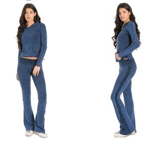 Blue Denim Stretch Fleece Rally Stripe Rolldown Sweatpant Cotton Hardtail NWT